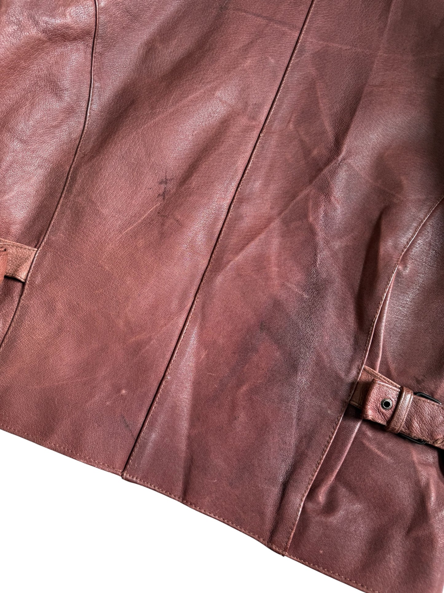 Vintage 80s 90s Mac Douglas Leather Jacket Plaid Lined Side Cinch Maroon Brown