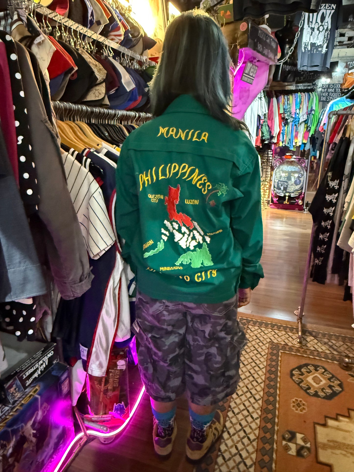 Vintage 60s 70s Philippine Souvenir Jacket – Teal Green Embroidered Map Baguio City Manila Tour Jacket