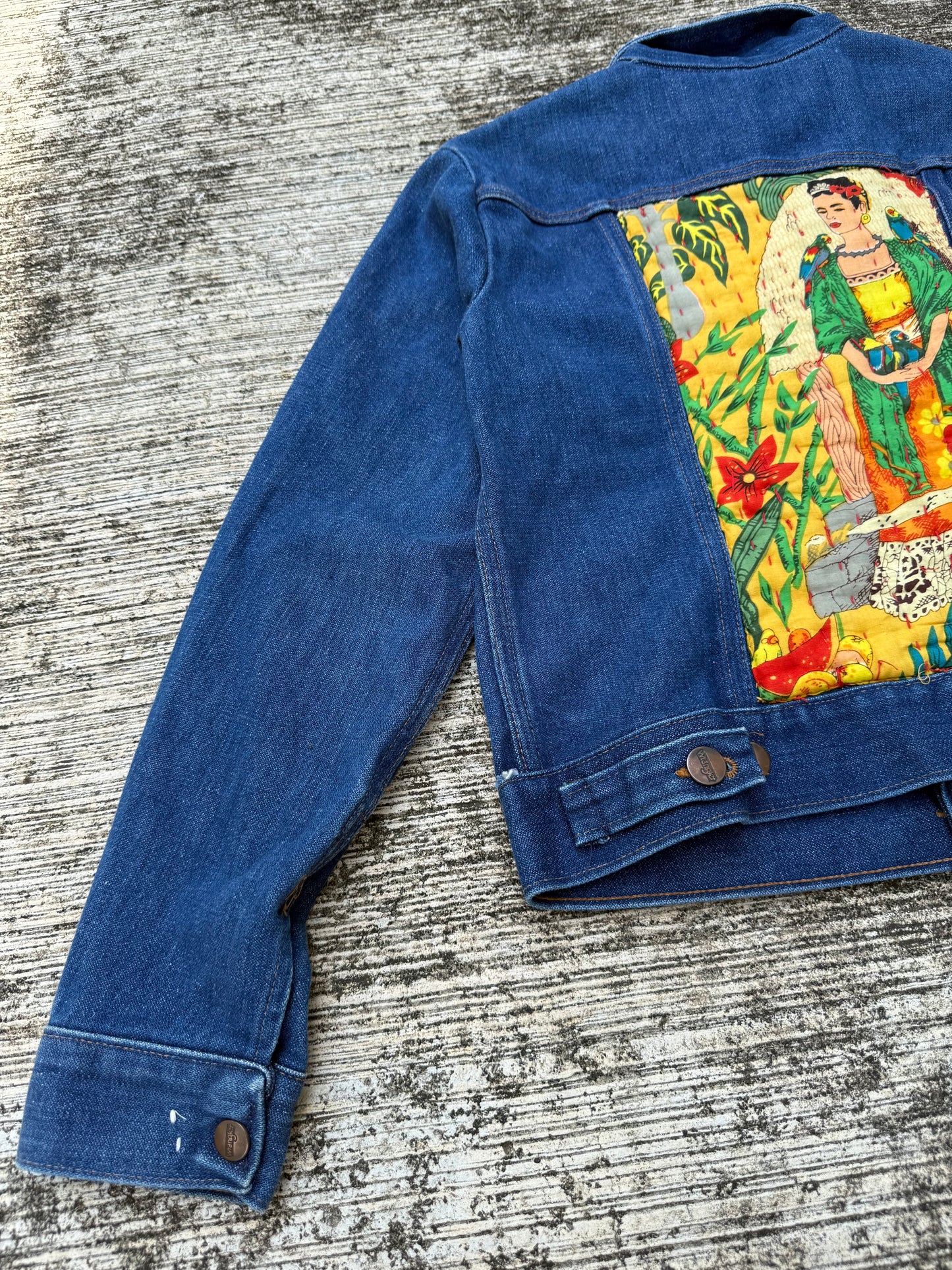 Vintage Wrangler Denim Jacket 1980s with Custom Frida Kahlo Back Patch