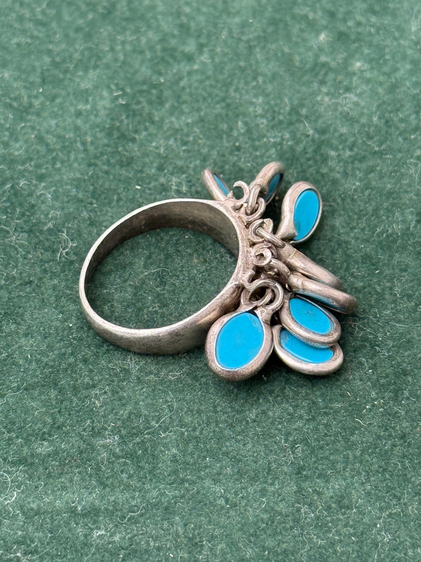 Vintage Sterling Silver Turquoise Dangle Charm Ring 925 – Boho Native Style Jewelry