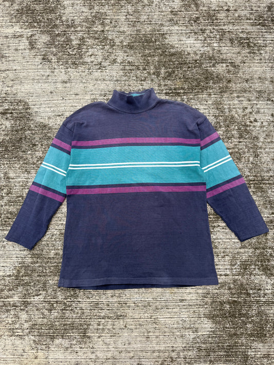 Vintage 80s 90s L.L. Bean Mock Neck Stripe Shirt USA Made Sun Faded