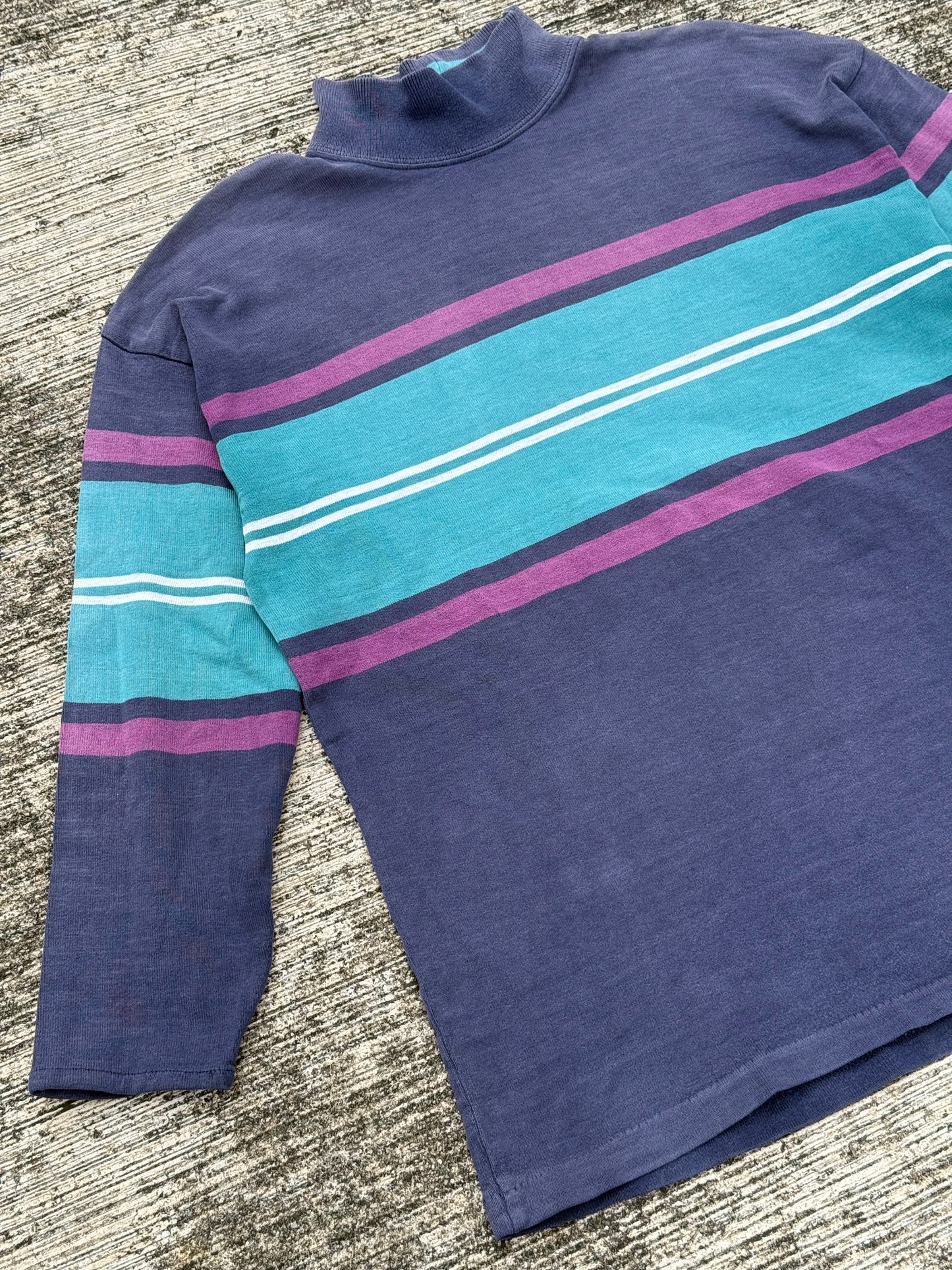 Vintage 80s 90s L.L. Bean Mock Neck Stripe Shirt USA Made Sun Faded