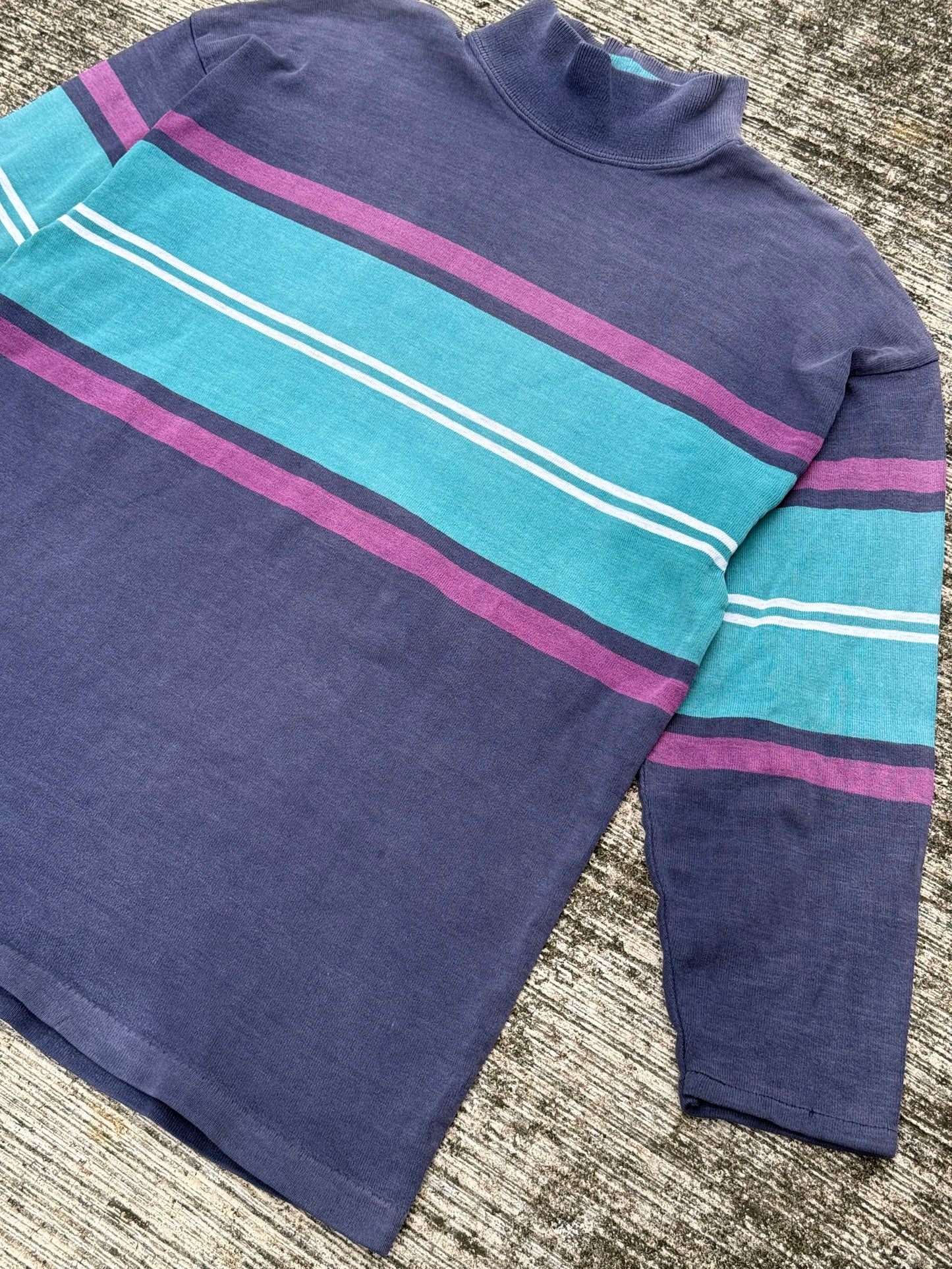 Vintage 80s 90s L.L. Bean Mock Neck Stripe Shirt USA Made Sun Faded