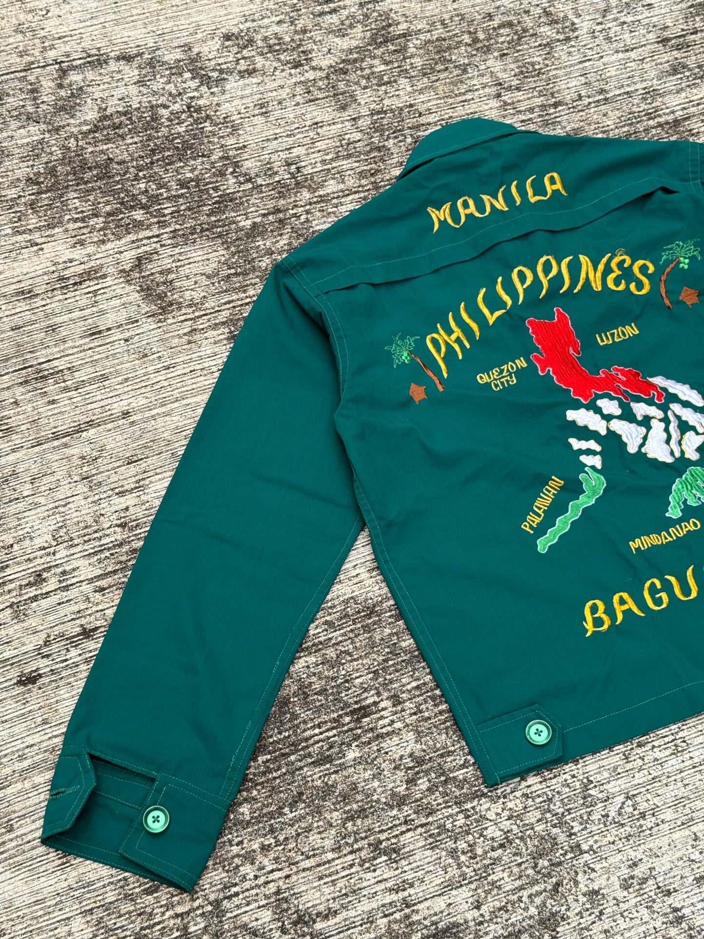 Vintage 60s 70s Philippine Souvenir Jacket – Teal Green Embroidered Map Baguio City Manila Tour Jacket