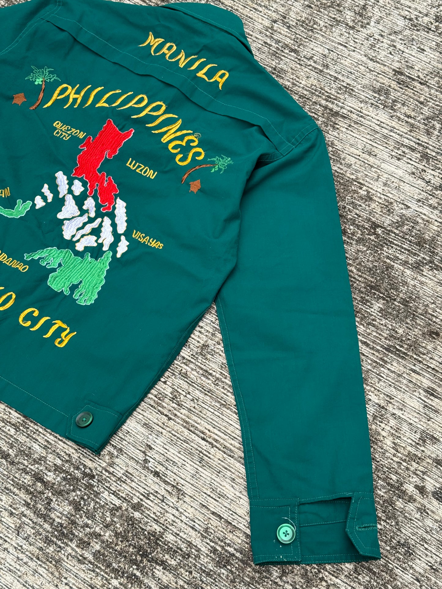 Vintage 60s 70s Philippine Souvenir Jacket – Teal Green Embroidered Map Baguio City Manila Tour Jacket