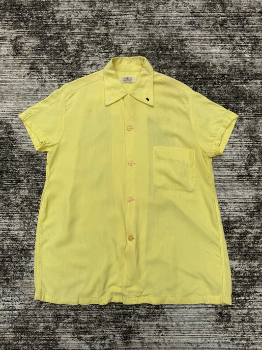 Vintage 1950s Arrow Rayon Loop Collar Rockabilly Sport Shirt – Yellow Short Sleeve Hand-Painted Back Artwork Made in USA