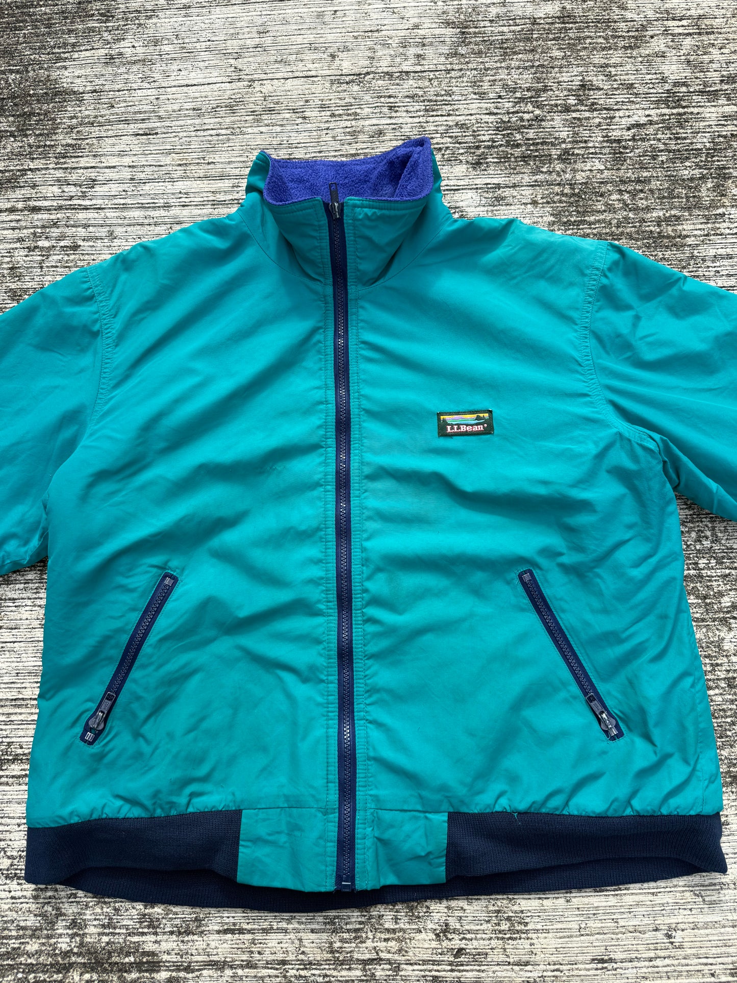 Vintage L.L.Bean Warm-Up Jacket – Made in USA Teal Nylon with Blue Fleece Lining