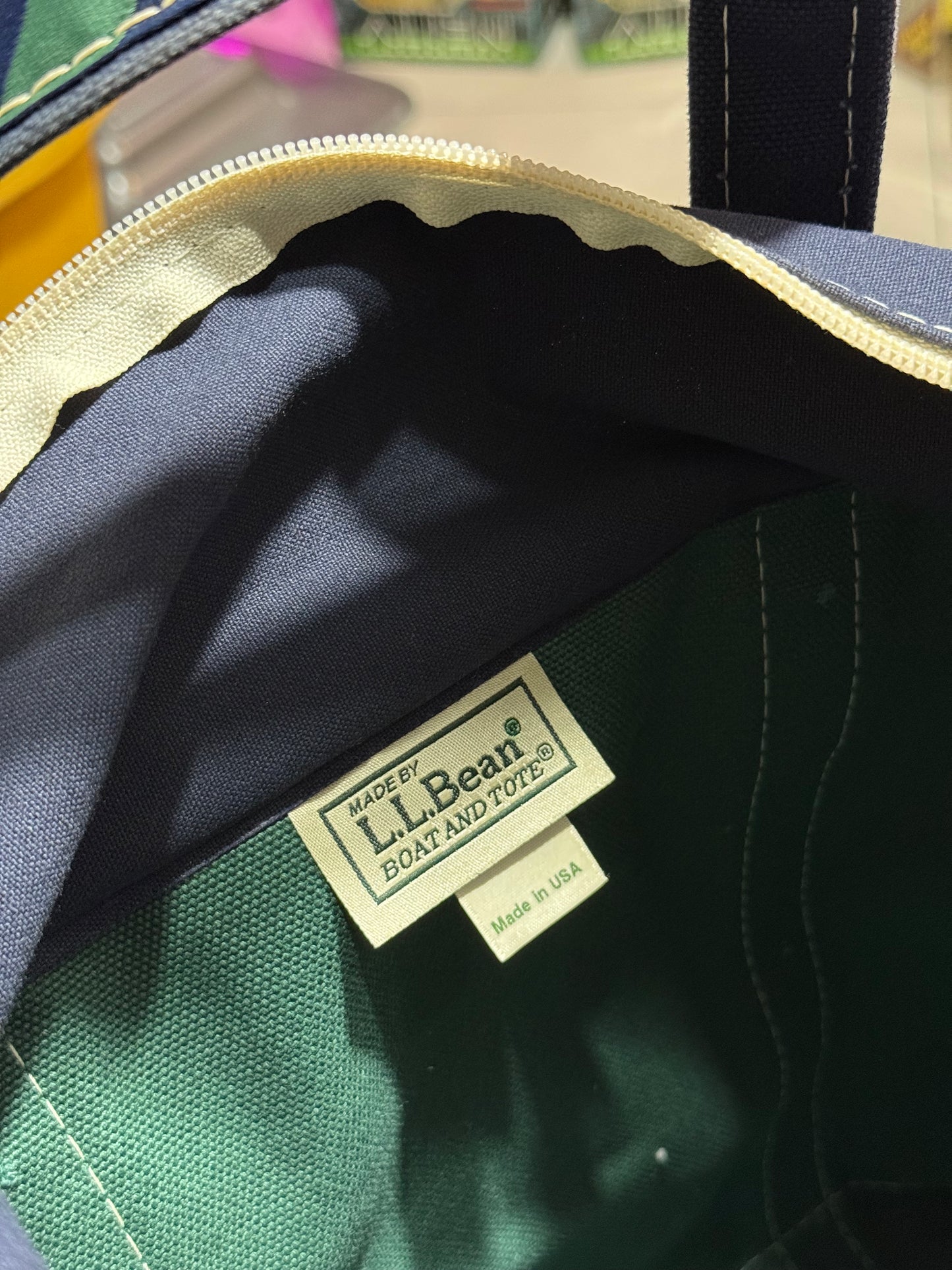 Vintage LL Bean Boat and Tote Zip Top Canvas Bag Dark Green Navy Trim