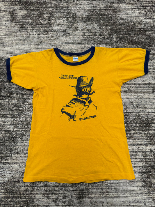 Vintage 1970s Champion Ringer T-Shirt Trinity Volunteers Tradition Cowboy Graphic