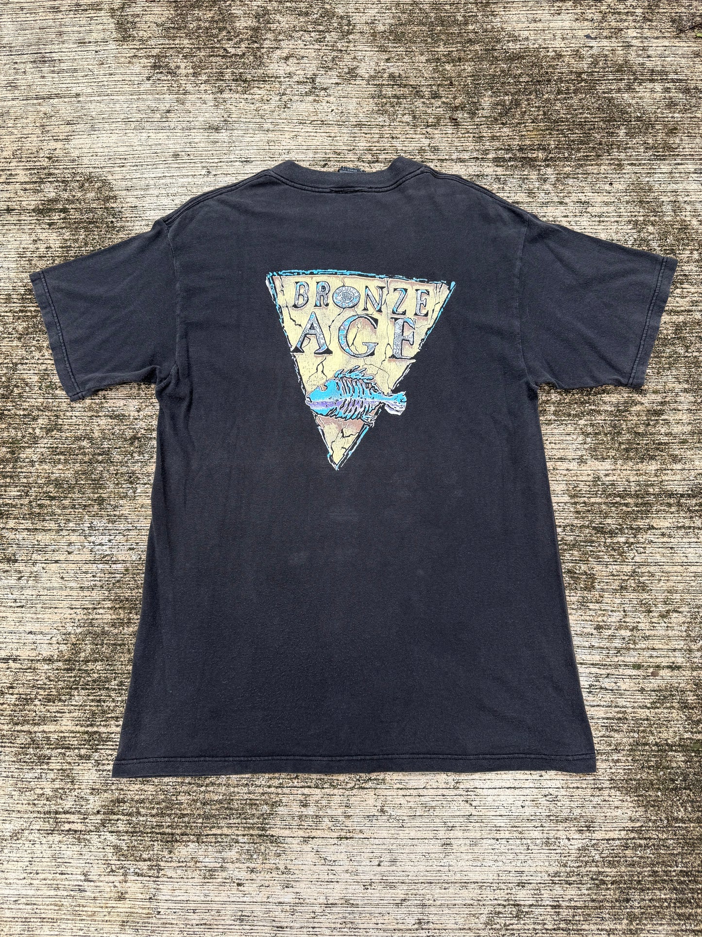 Vintage Bronze Age Surf Skate T-Shirt Black Fish Skeleton Logo Made in USA