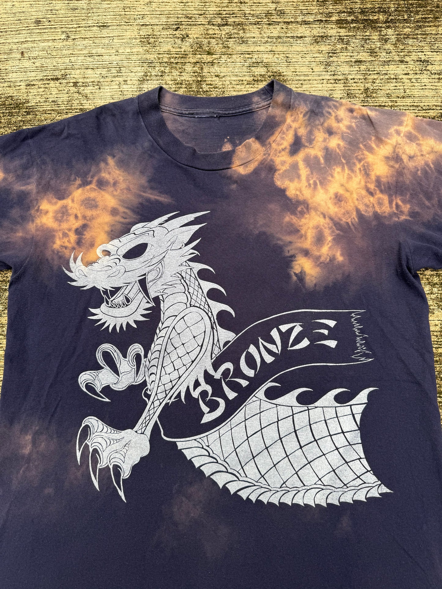Vintage Bronze Age Dragon Graphic T-Shirt Black Bleach Wash Surf Skate
