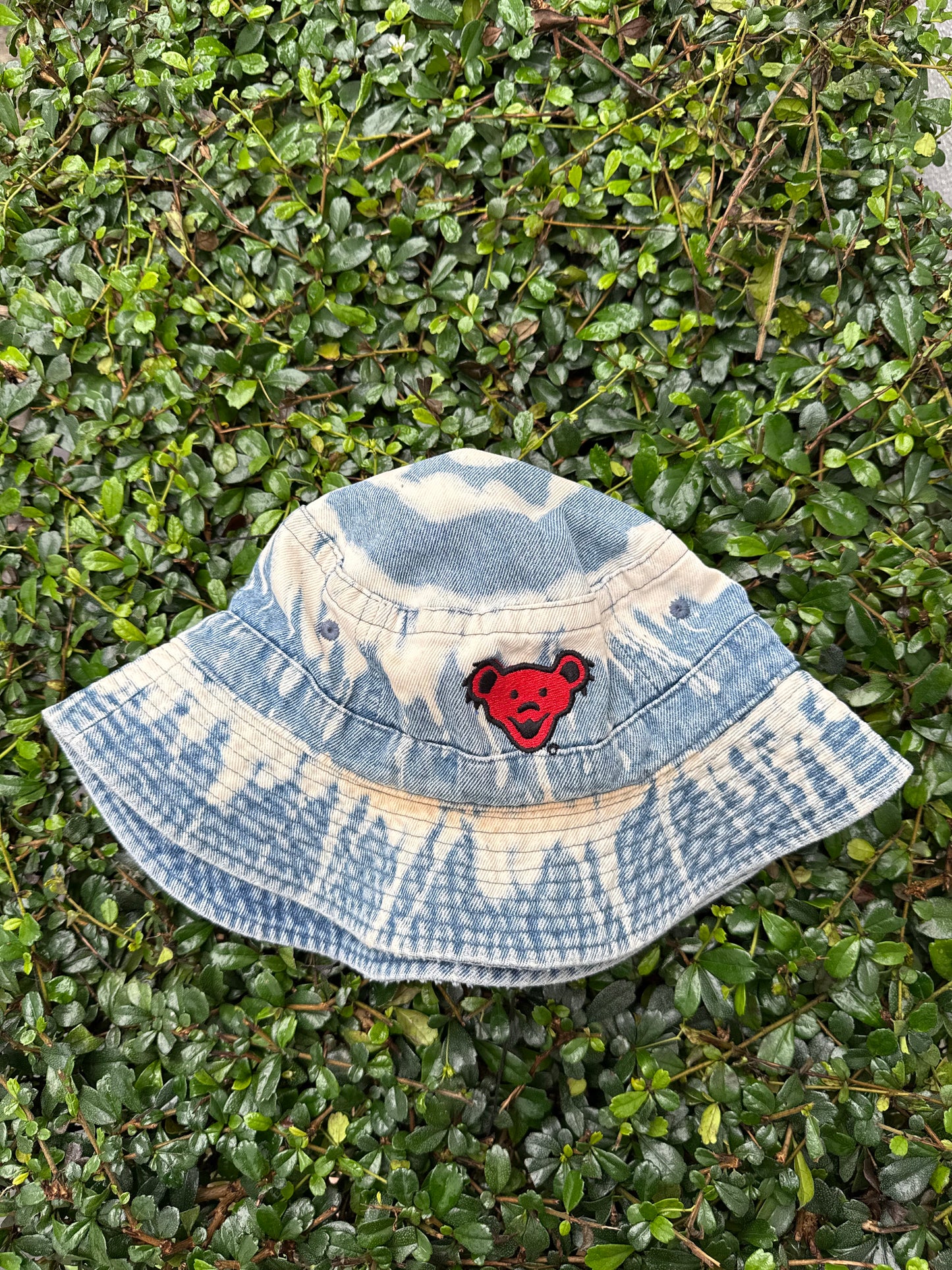 Vintage Tie-Dye Denim Bucket Hat with Embroidered Bear Patch