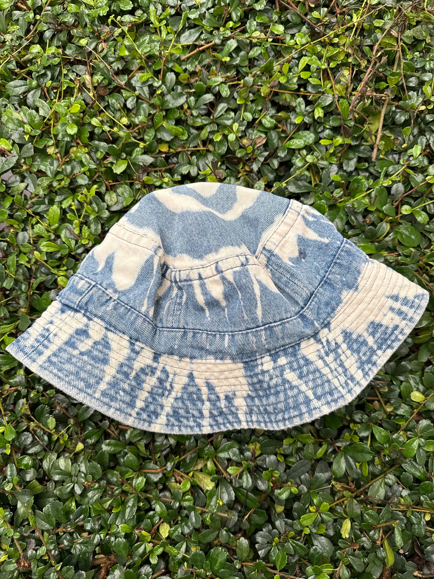 Vintage Tie-Dye Denim Bucket Hat with Embroidered Bear Patch