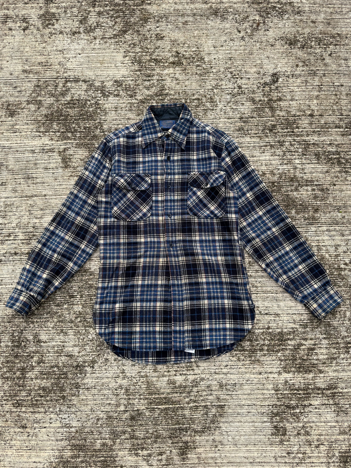 Vintage Pendleton Wool Plaid Shirt Navy Blue Cream USA Made