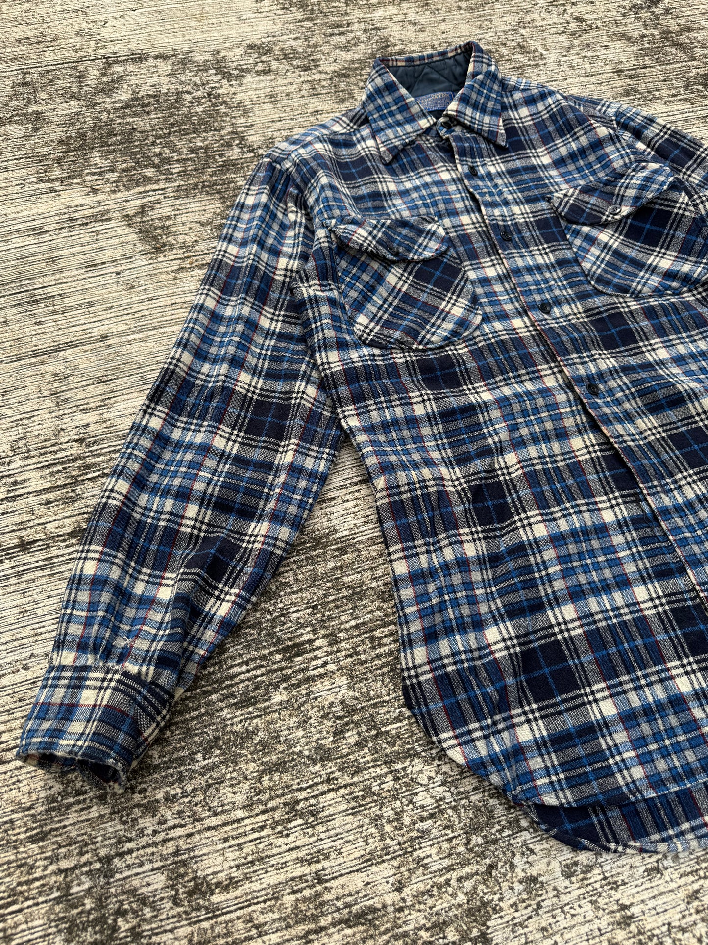 Vintage Pendleton Wool Plaid Shirt Navy Blue Cream USA Made