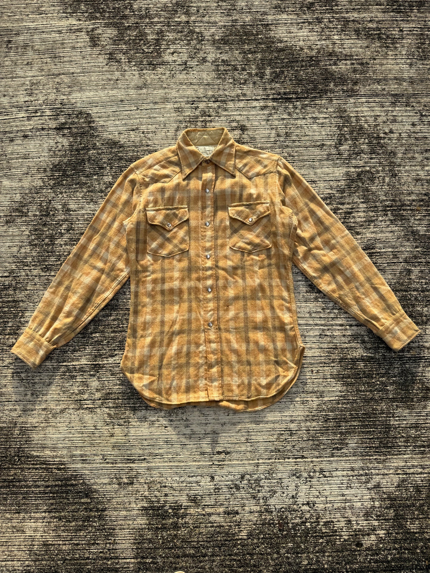 Vintage Pendleton High Grade Western Wear Wool Plaid Shirt Yellow Camel USA Made