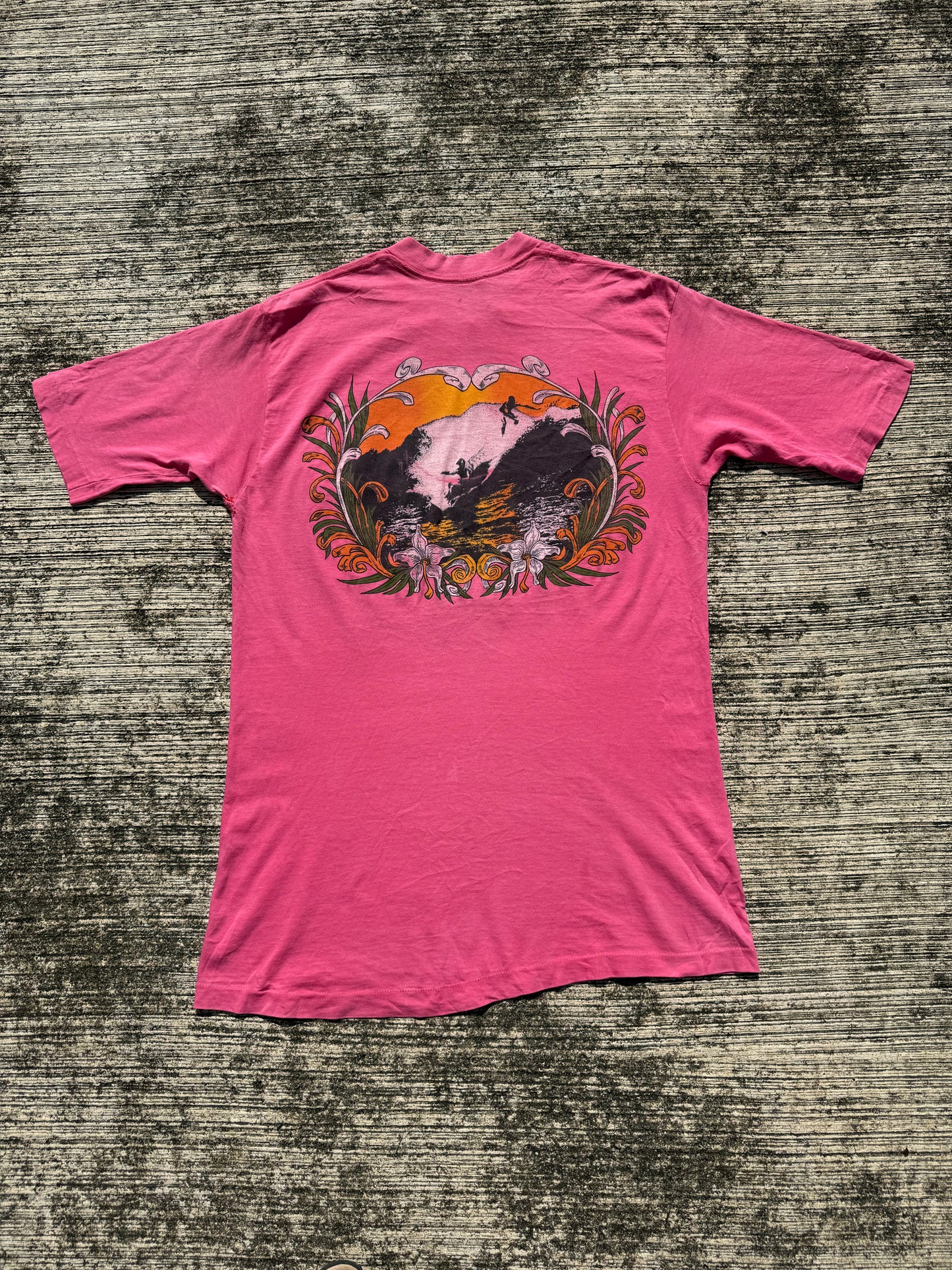 Vintage 70s–80s Designs Alive Surf Sunset Pocket Tee Pink Single Stitch USA