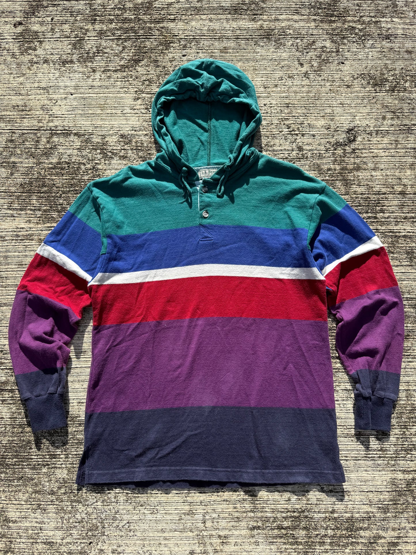 Vintage 90s L.L. Bean Striped Rugby Hoodie Made in USA Pullover