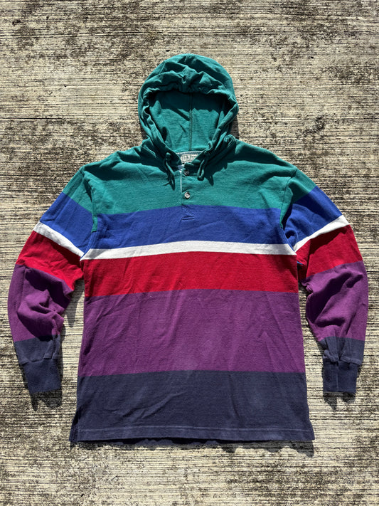 Vintage 90s L.L. Bean Striped Rugby Hoodie Made in USA Pullover