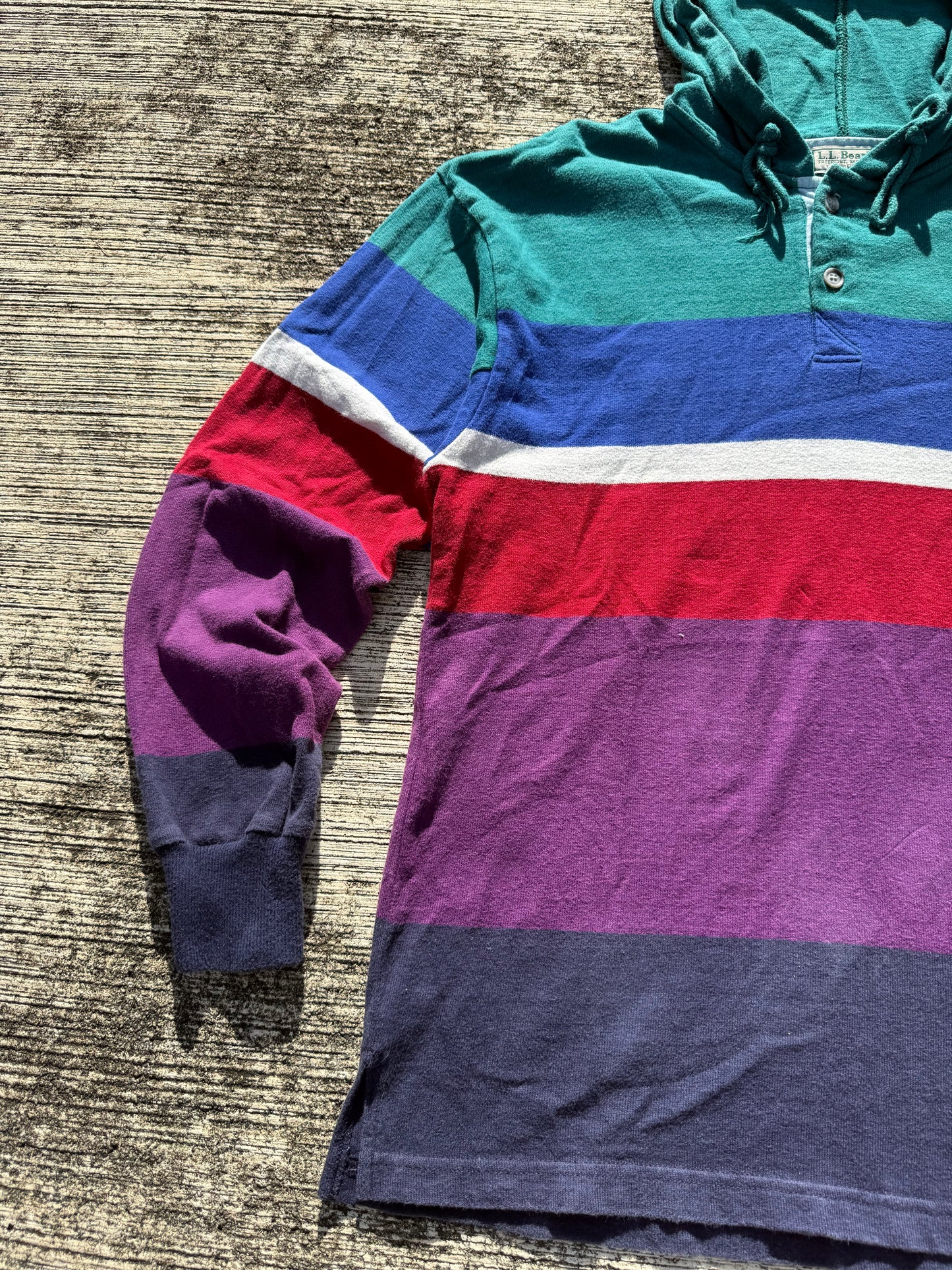 Vintage 90s L.L. Bean Striped Rugby Hoodie Made in USA Pullover
