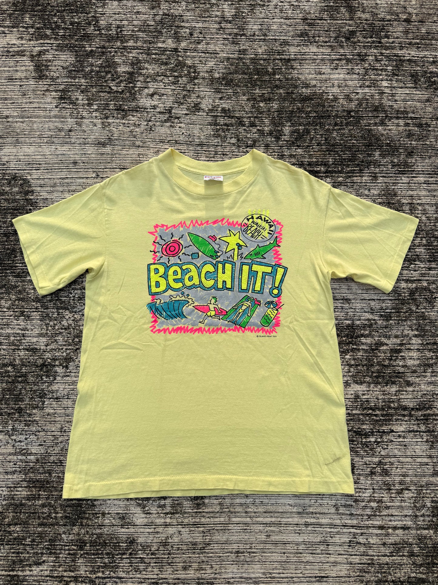 Vintage 1980s Hawaii Waikiki Beach Neon Surf Tee – “Beach It!” Graphic