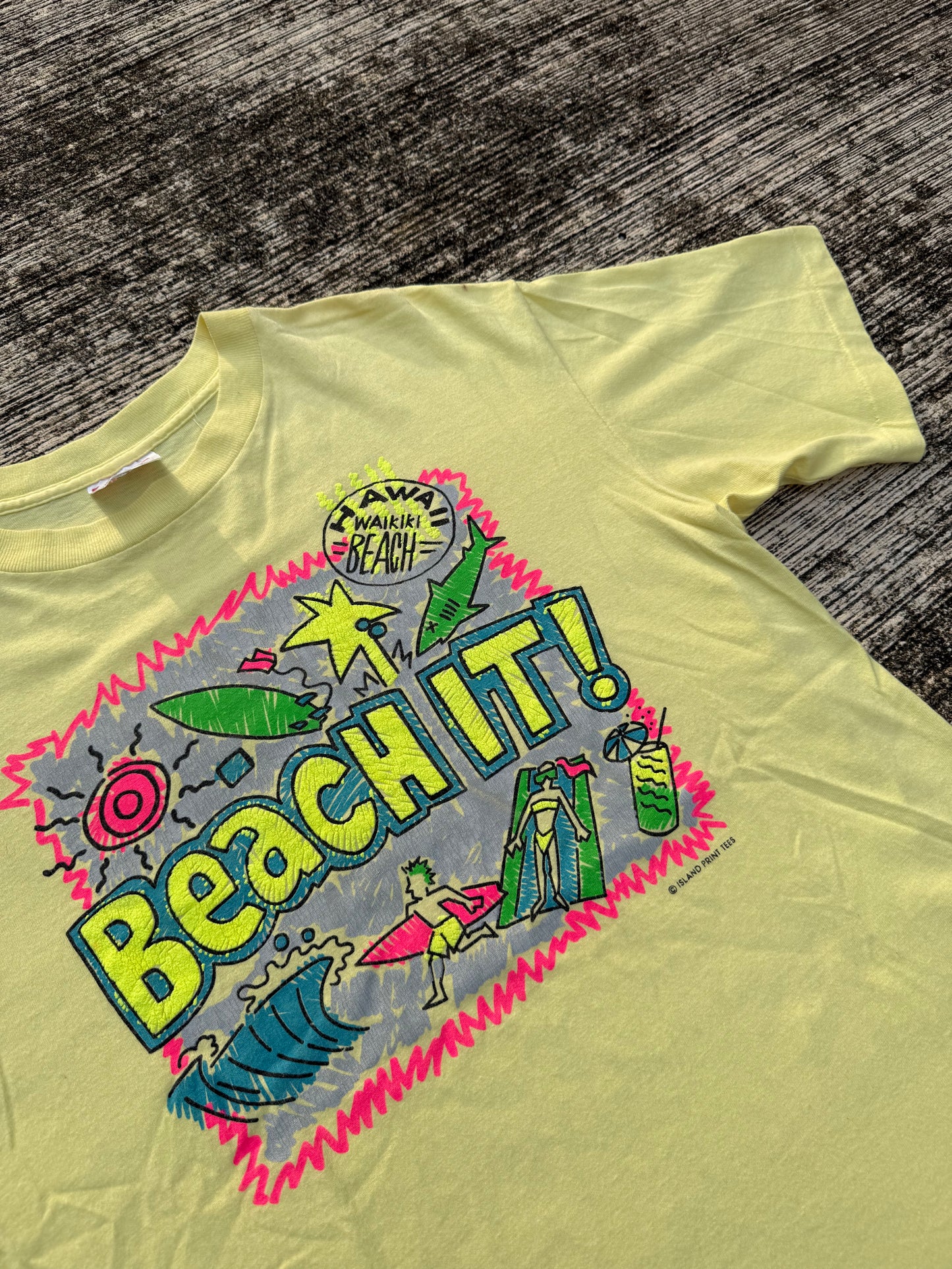 Vintage 1980s Hawaii Waikiki Beach Neon Surf Tee – “Beach It!” Graphic
