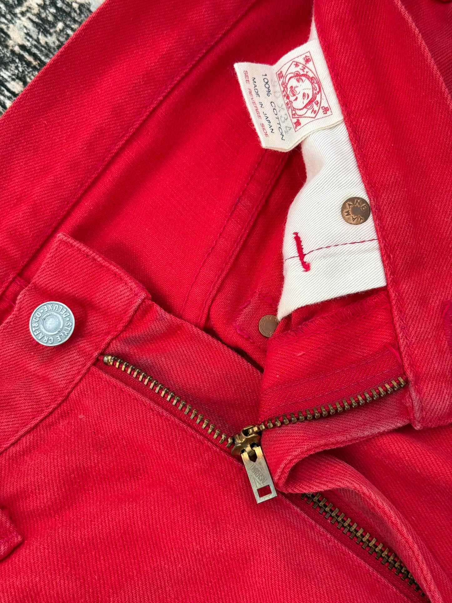 Evisu Red Denim Selvedge Jeans with Hand-Painted Seagull Arcs (Made in Japan, 2000s)
