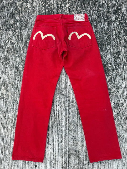 Evisu Red Denim Selvedge Jeans with Hand-Painted Seagull Arcs (Made in Japan, 2000s)