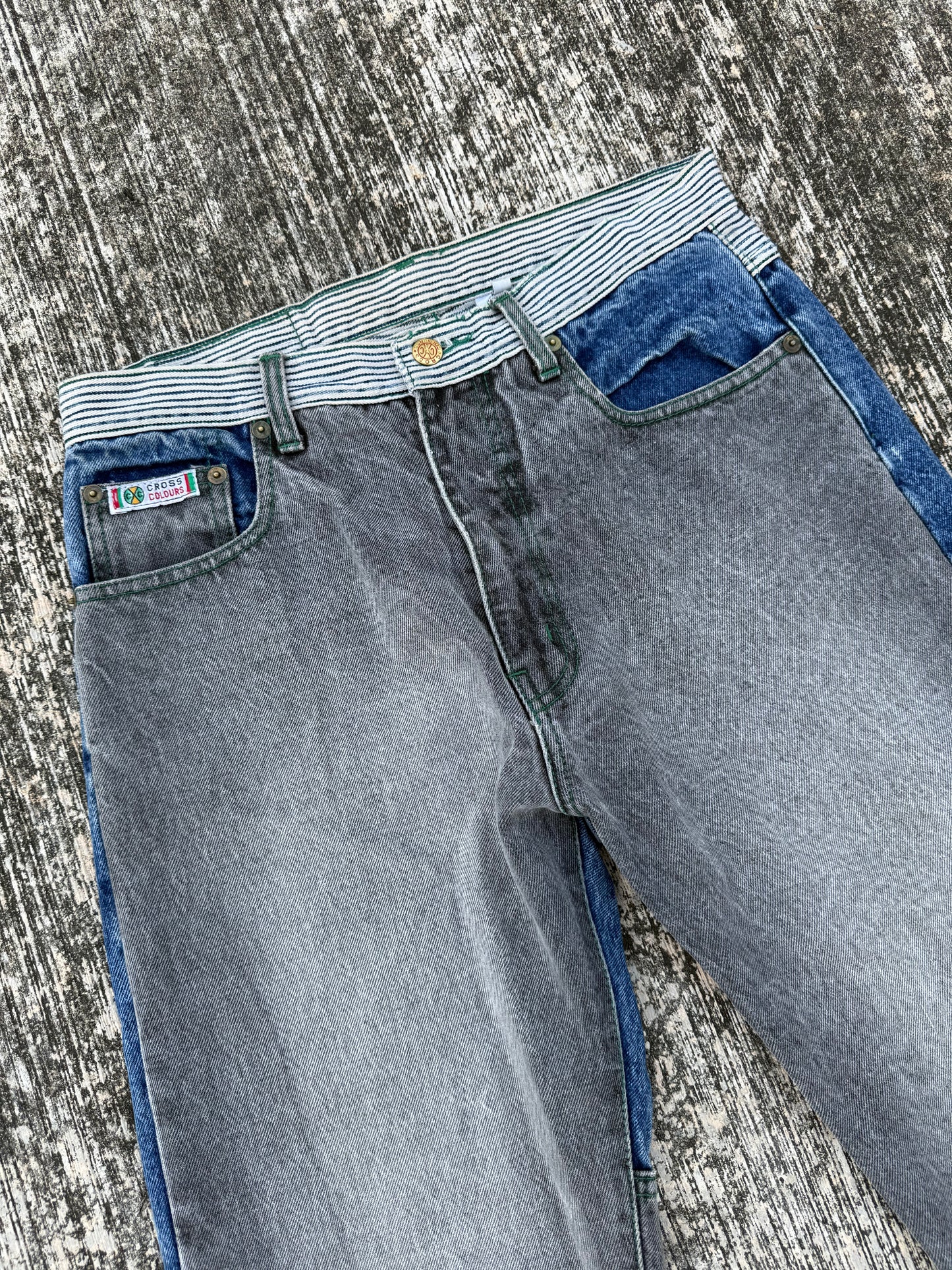 Vintage Cross Colours Patchwork Contrast Panel Jeans (1990s Hip-Hop Streetwear)
