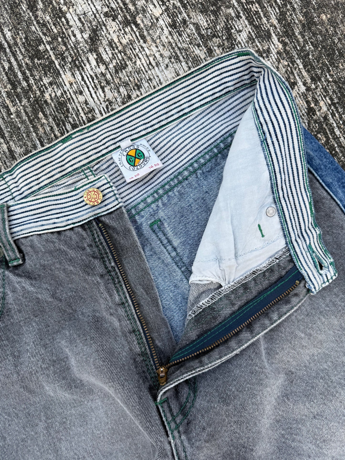 Vintage Cross Colours Patchwork Contrast Panel Jeans (1990s Hip-Hop Streetwear)