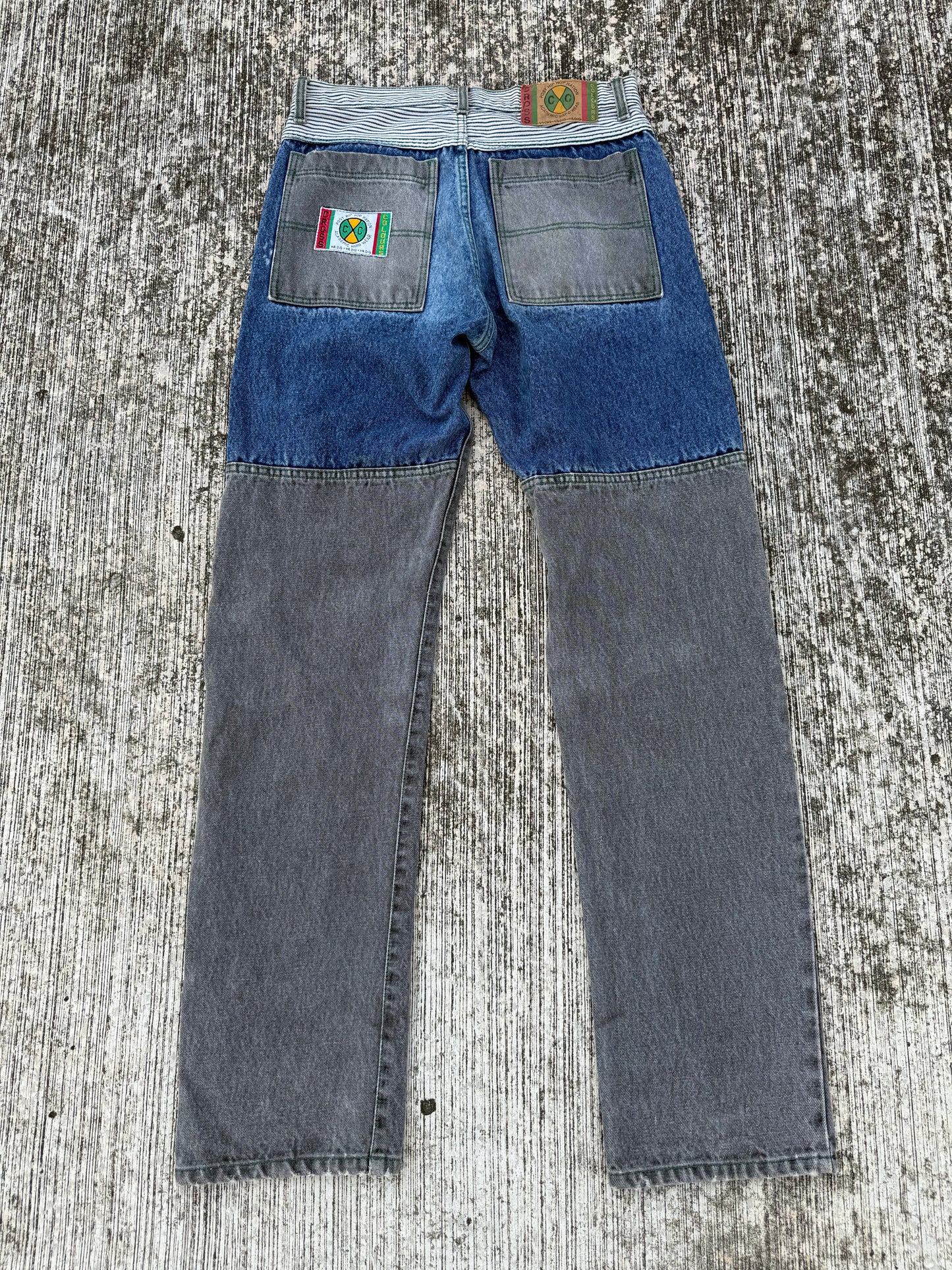 Vintage Cross Colours Patchwork Contrast Panel Jeans (1990s Hip-Hop Streetwear)