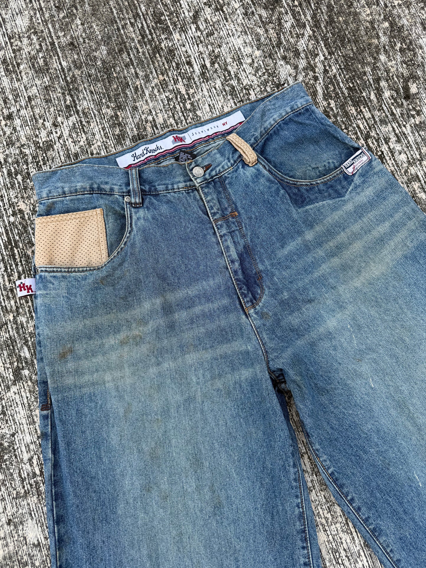 Hard Knocks NY Baggy Jeans w/ Suede Pocket Panels (2000s Streetwear)
