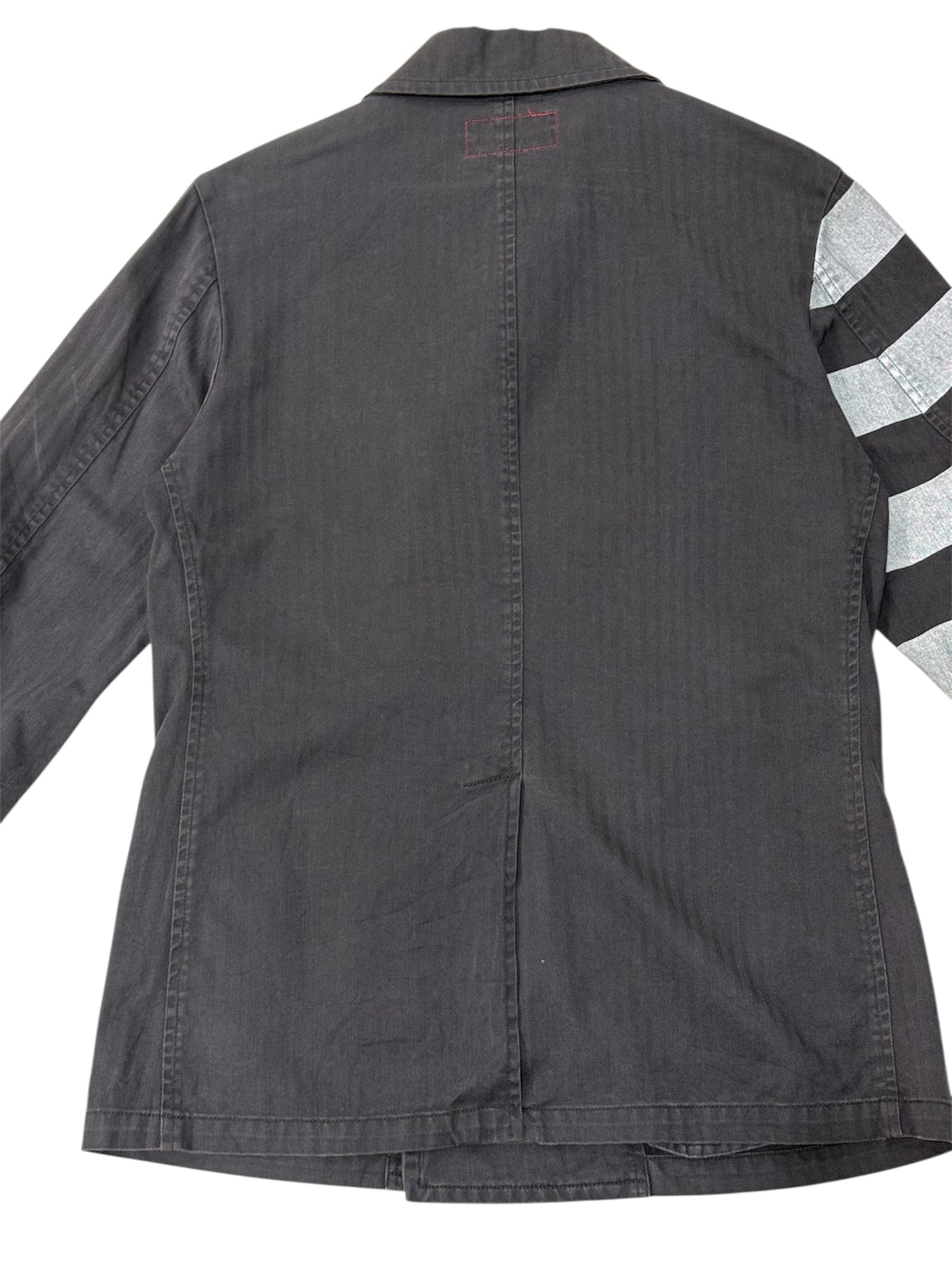UNFINISH INC. Japan Black Herringbone Double-Breasted Work Jacket – Striped Sleeve Design