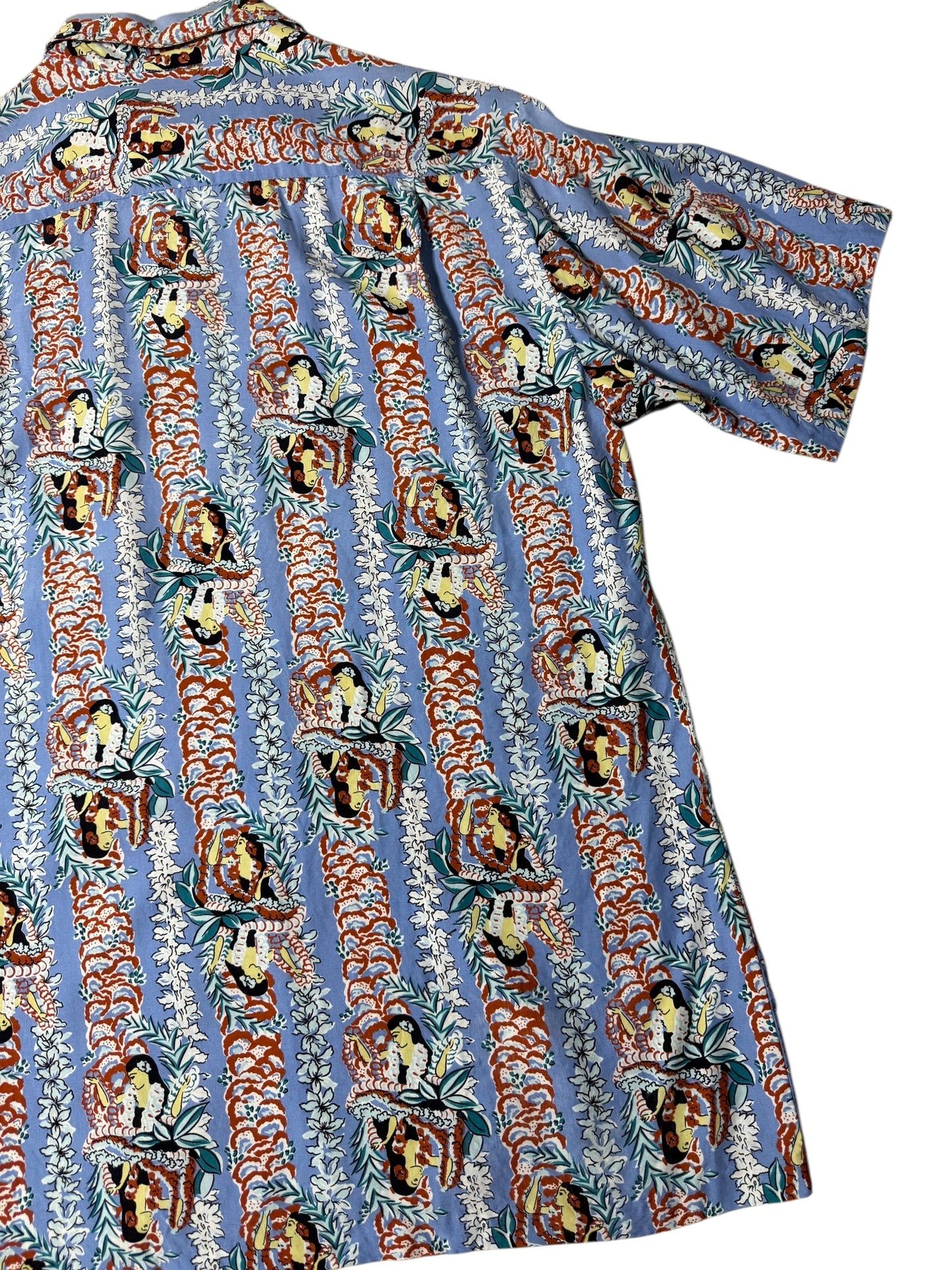 Vintage 1990s Sunmari Fashions Hawaiian Rayon Aloha Shirt Blue Hula Girl Print Made in Hawaii