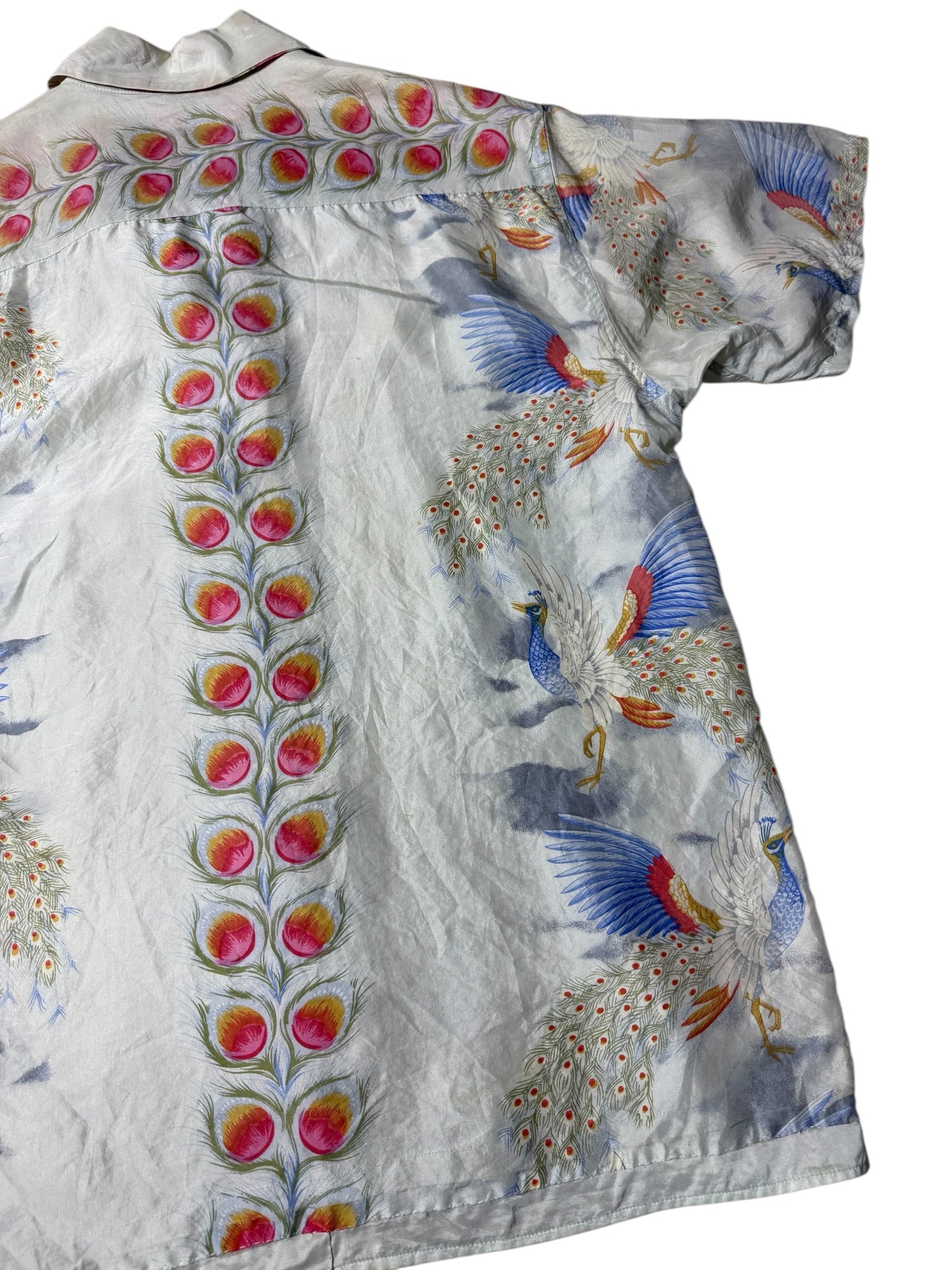Vintage 1980s–90s SCO Sewing Chop Silk Aloha Shirt Peacock Feather Print