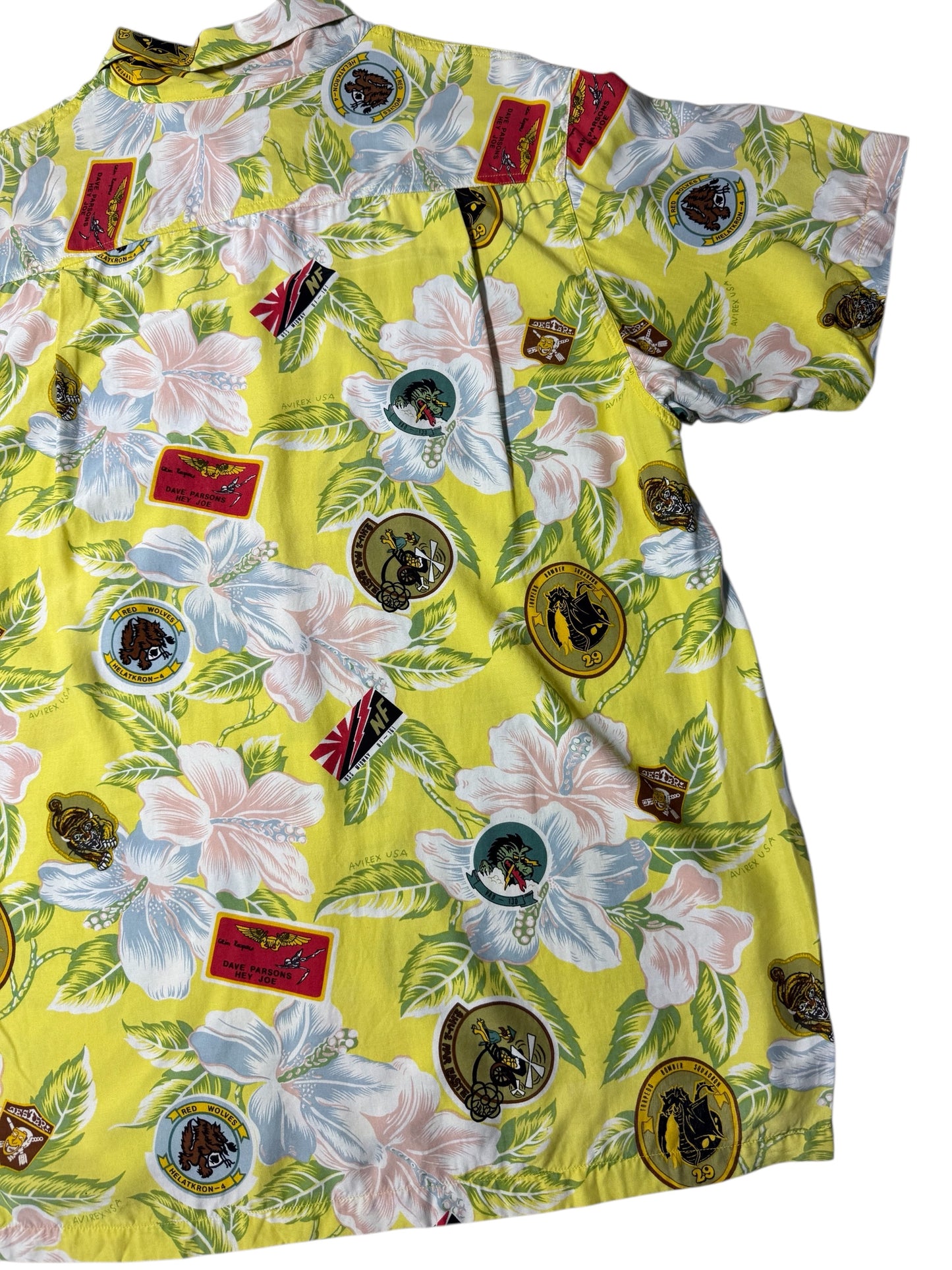 Vintage 90s Avirex USA Floral Military Patch Aloha Shirt Hibiscus Print