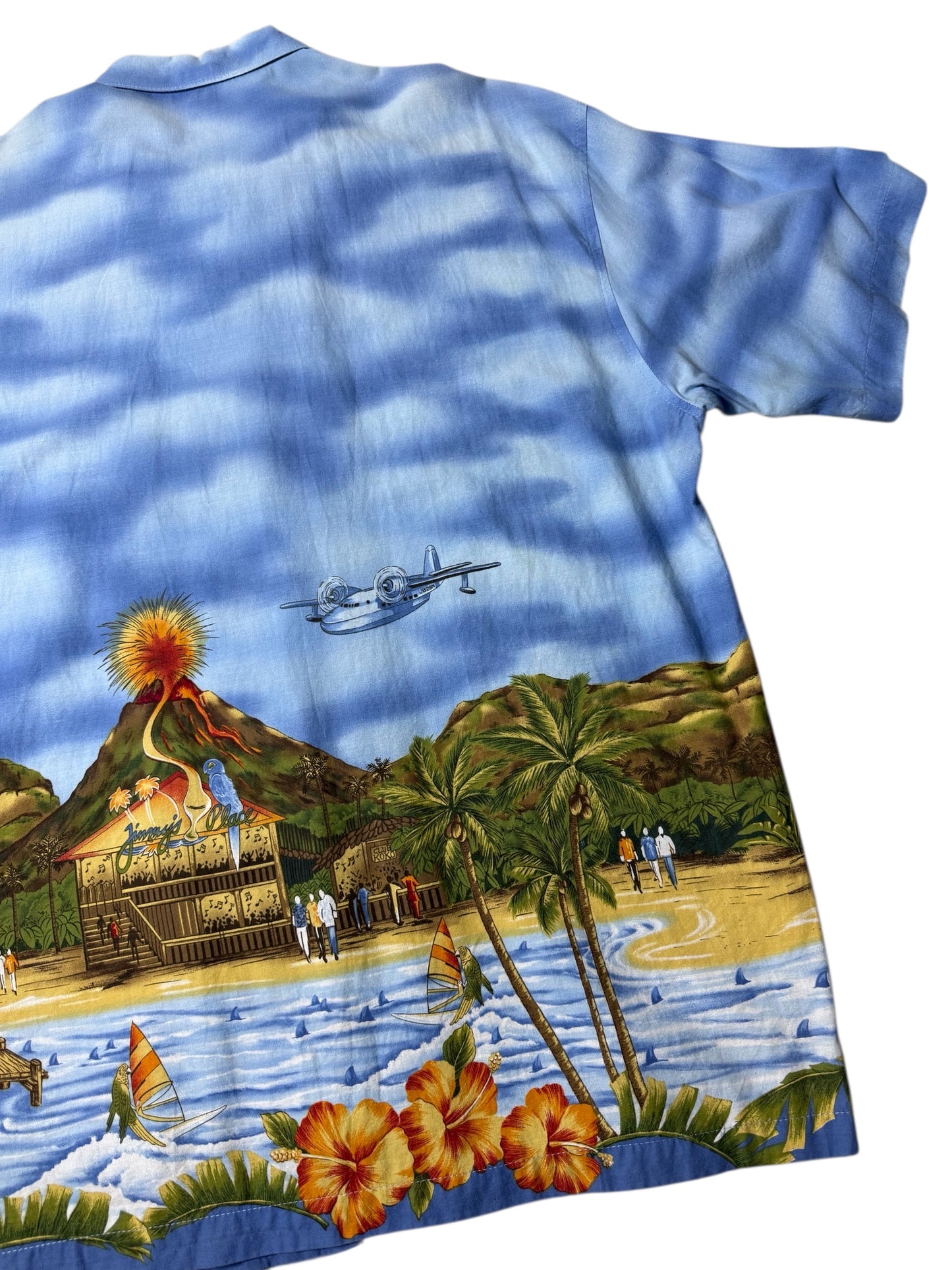 Vintage 90s Koko Island Hawaiian Shirt Volcano & Beach Scenic Print Made in USA