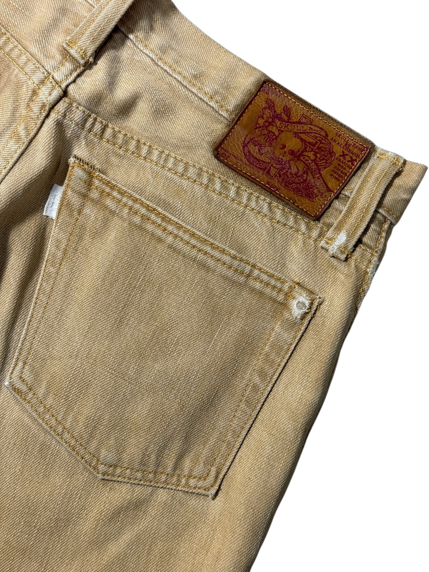 Vintage Fab Four Alchemist Japan Tan Denim Jeans Skull Patch Slim Straight 2000s