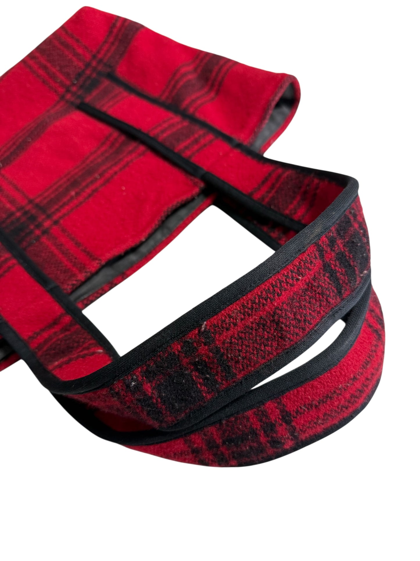 Johnson Woolen Mills Red Black Plaid Wool Tote Bag USA Made Buffalo Check