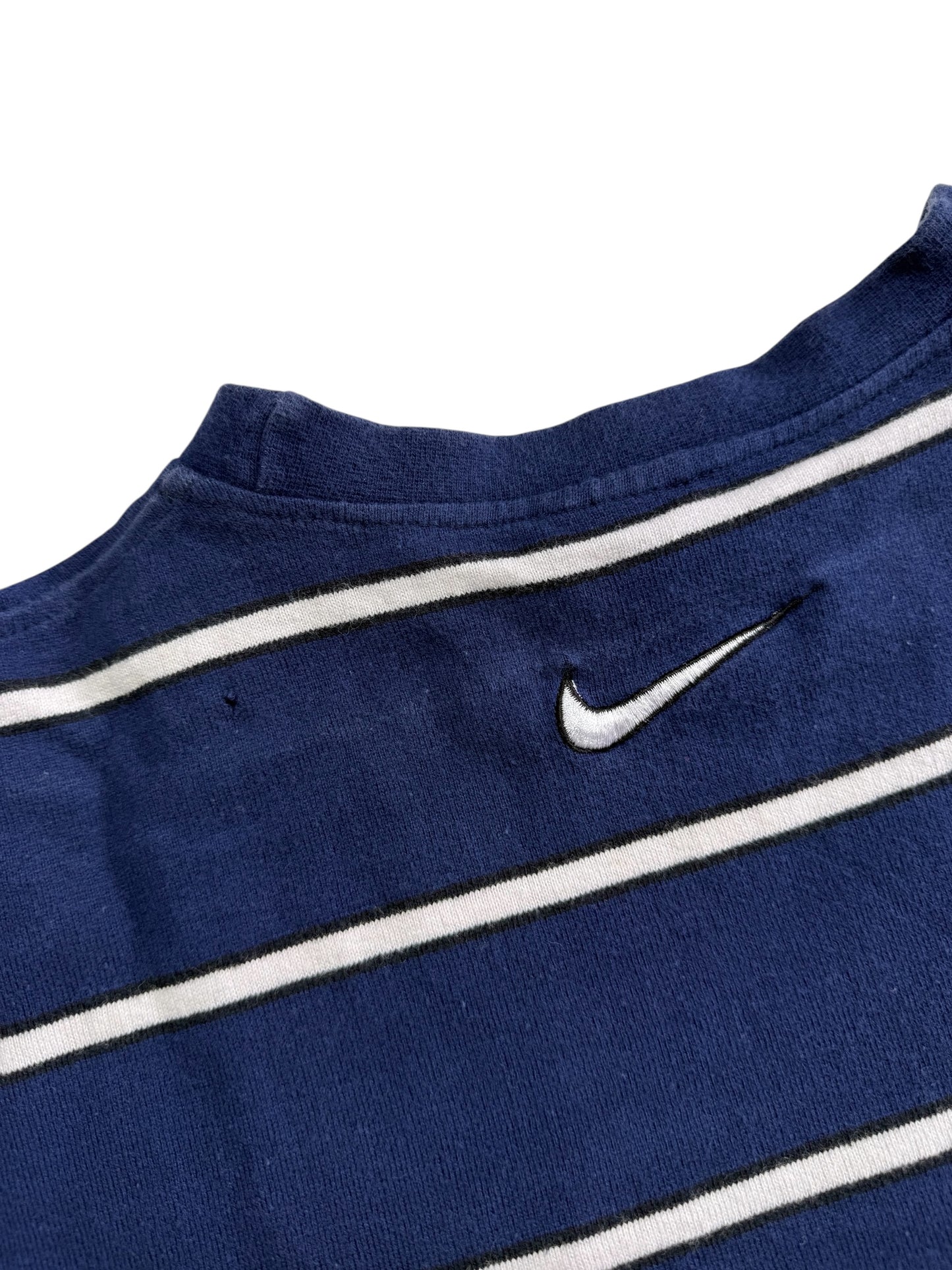 Vintage Nike Center Swoosh Striped T-Shirt Navy White Embroidered Logo 90s