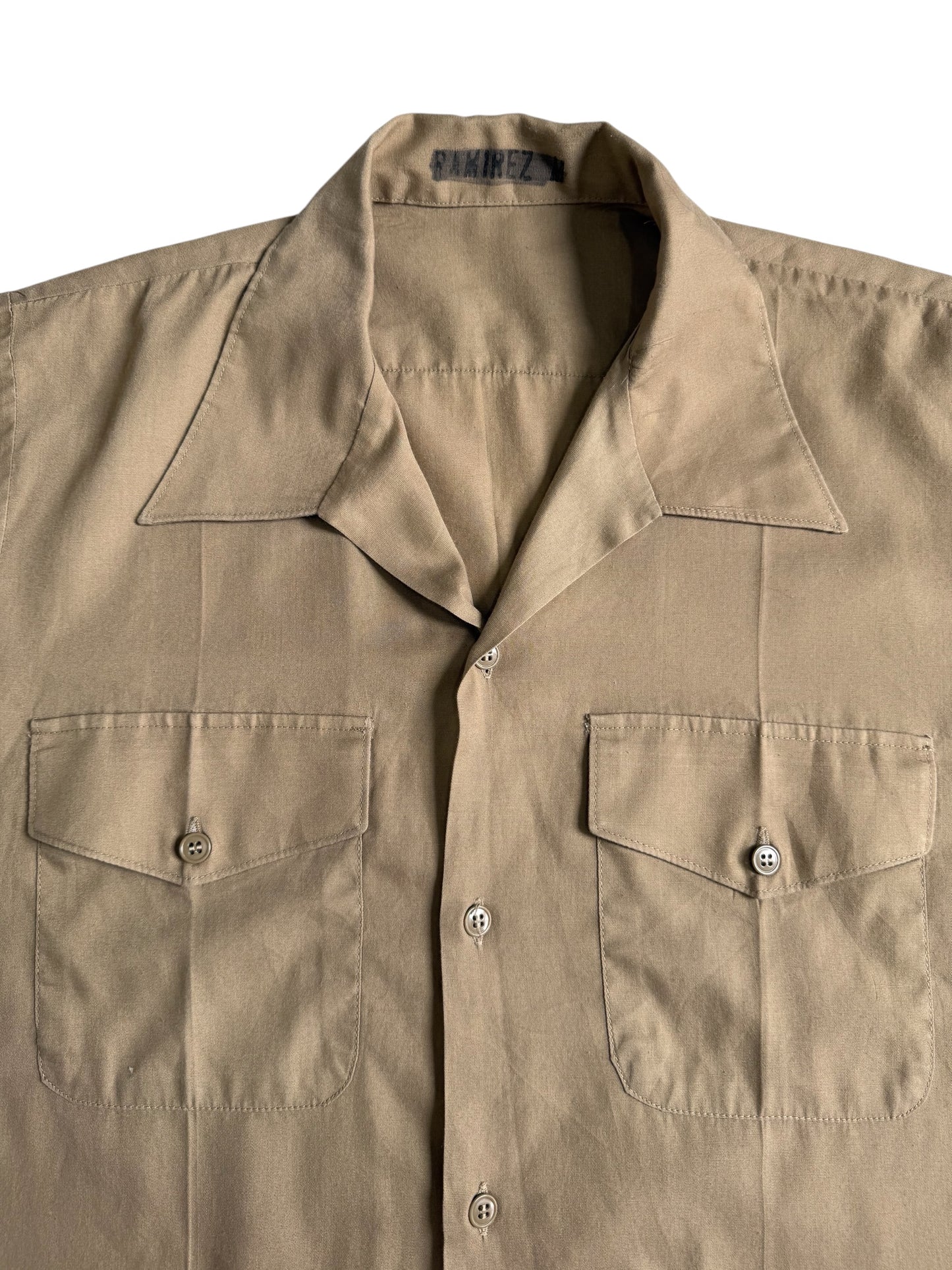 Vintage Beige Short Sleeve Utility Work Shirt Open Collar Button Up