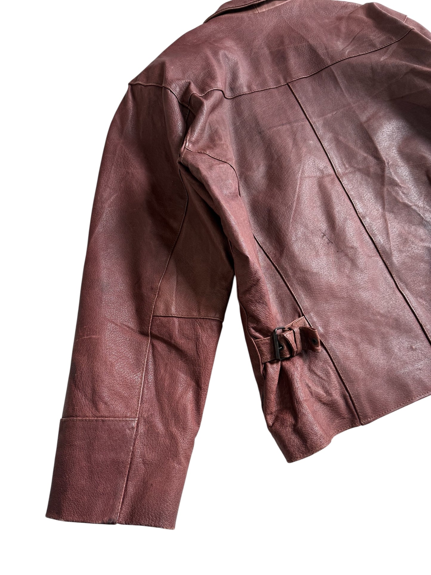 Vintage 80s 90s Mac Douglas Leather Jacket Plaid Lined Side Cinch Maroon Brown