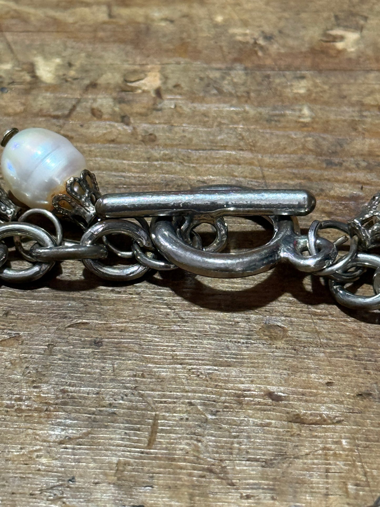 Vintage Pearl Charm Bracelet Sterling Silver Chain Dangle
