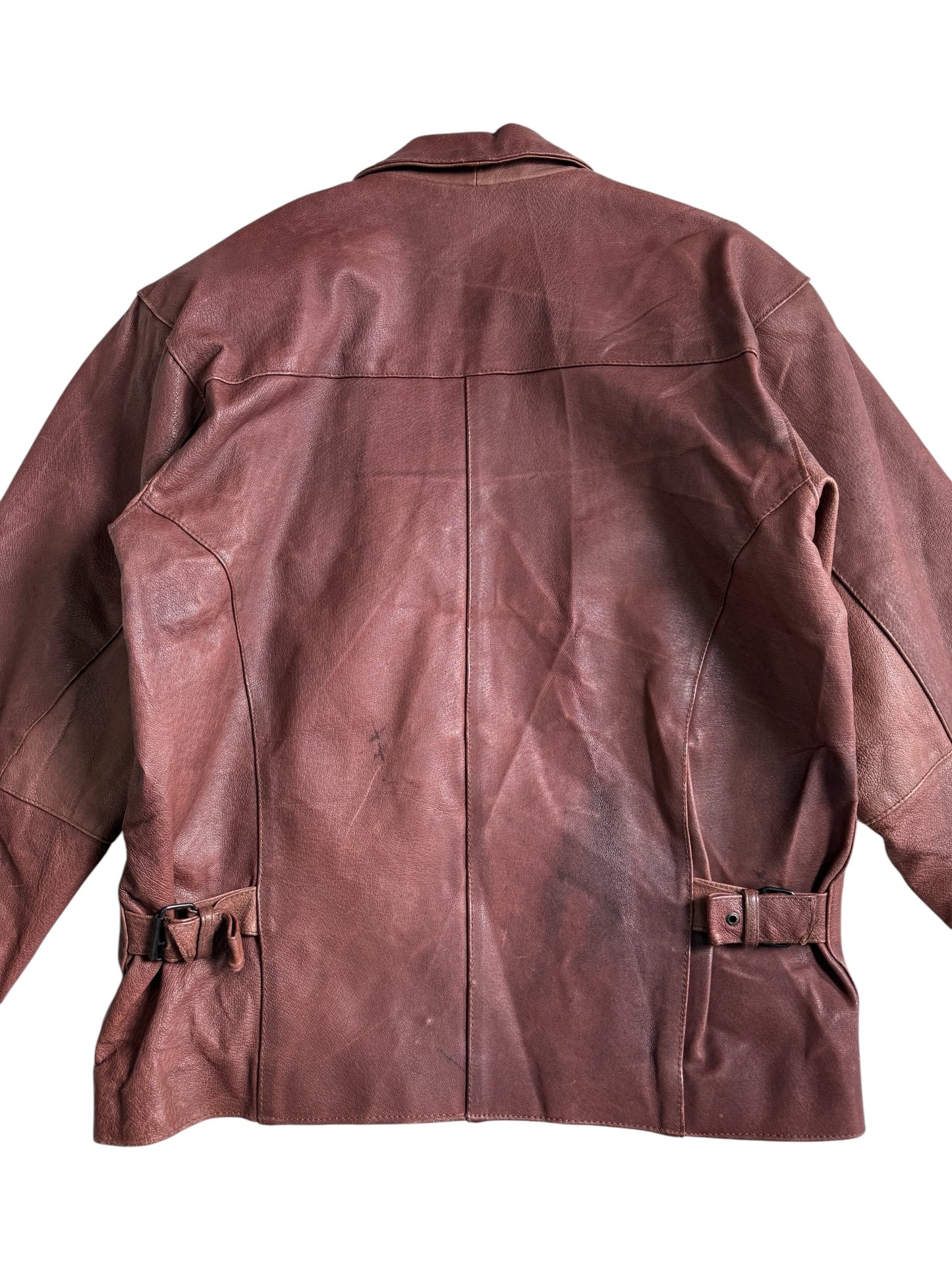 Vintage 80s 90s Mac Douglas Leather Jacket Plaid Lined Side Cinch Maroon Brown