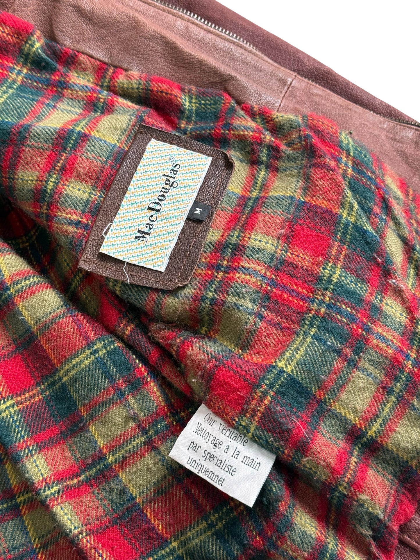 Vintage 80s 90s Mac Douglas Leather Jacket Plaid Lined Side Cinch Maroon Brown