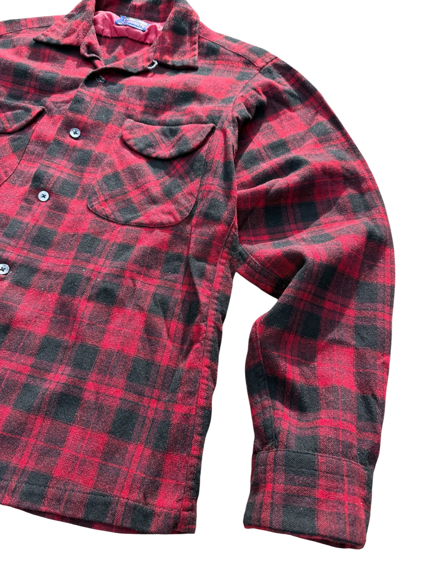 Vintage 1960s–70s Pendleton Red Black Plaid Virgin Wool Loop Collar Shirt Jacket USA