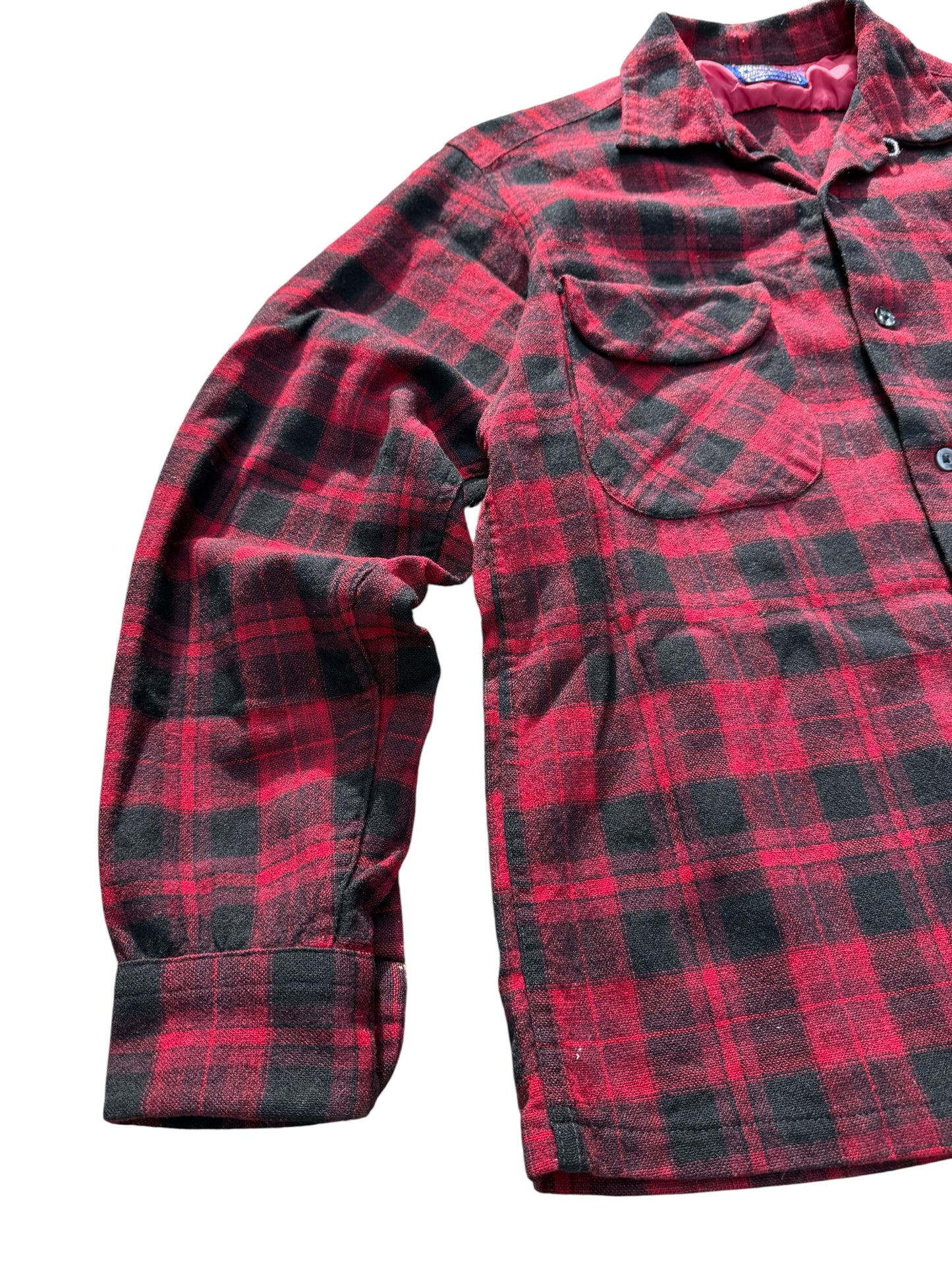 Vintage 1960s–70s Pendleton Red Black Plaid Virgin Wool Loop Collar Shirt Jacket USA