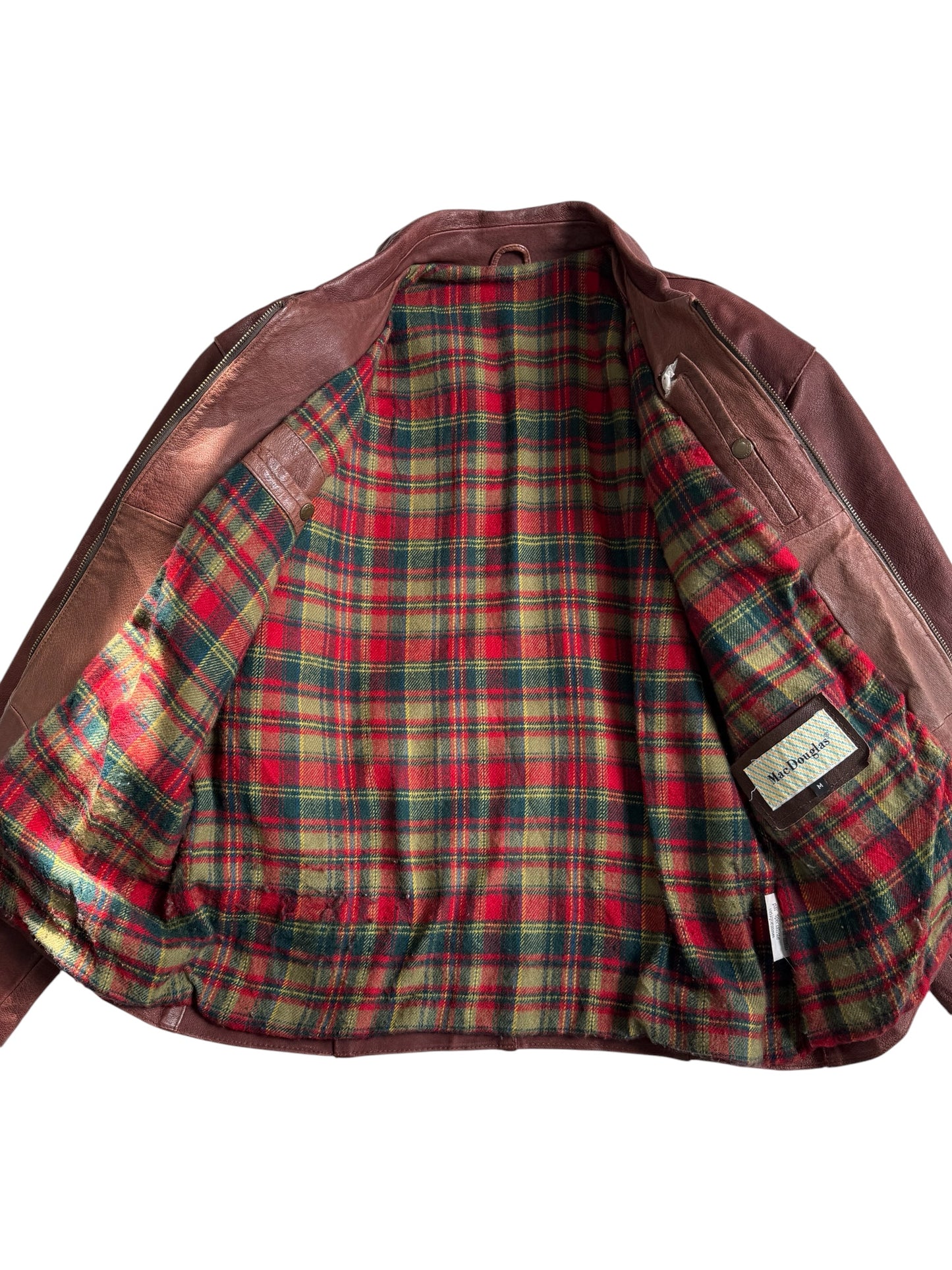 Vintage 80s 90s Mac Douglas Leather Jacket Plaid Lined Side Cinch Maroon Brown