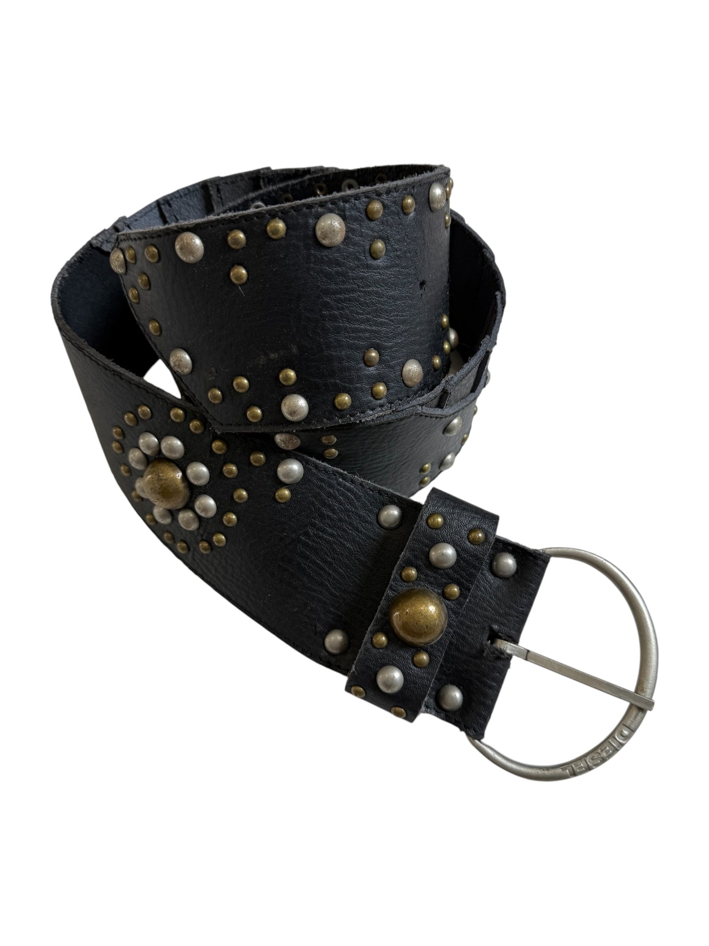 Diesel Made in Italy Black Leather Studded Wide Belt Y2K Punk Western