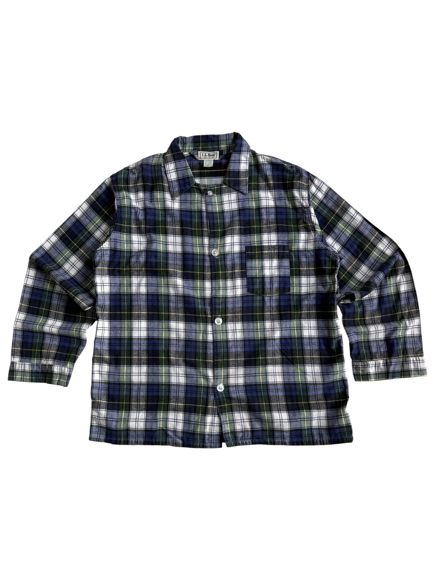 Vintage 1990s LL Bean Black Watch Plaid Flannel Pajama Shirt Made in USA